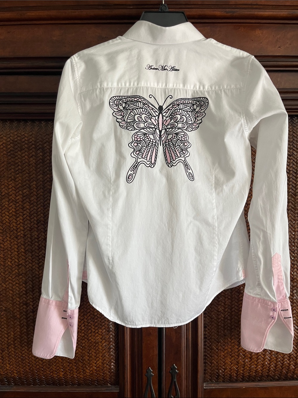 Women’s White Button-Down Shirt with Pink Butterfly Embroidery